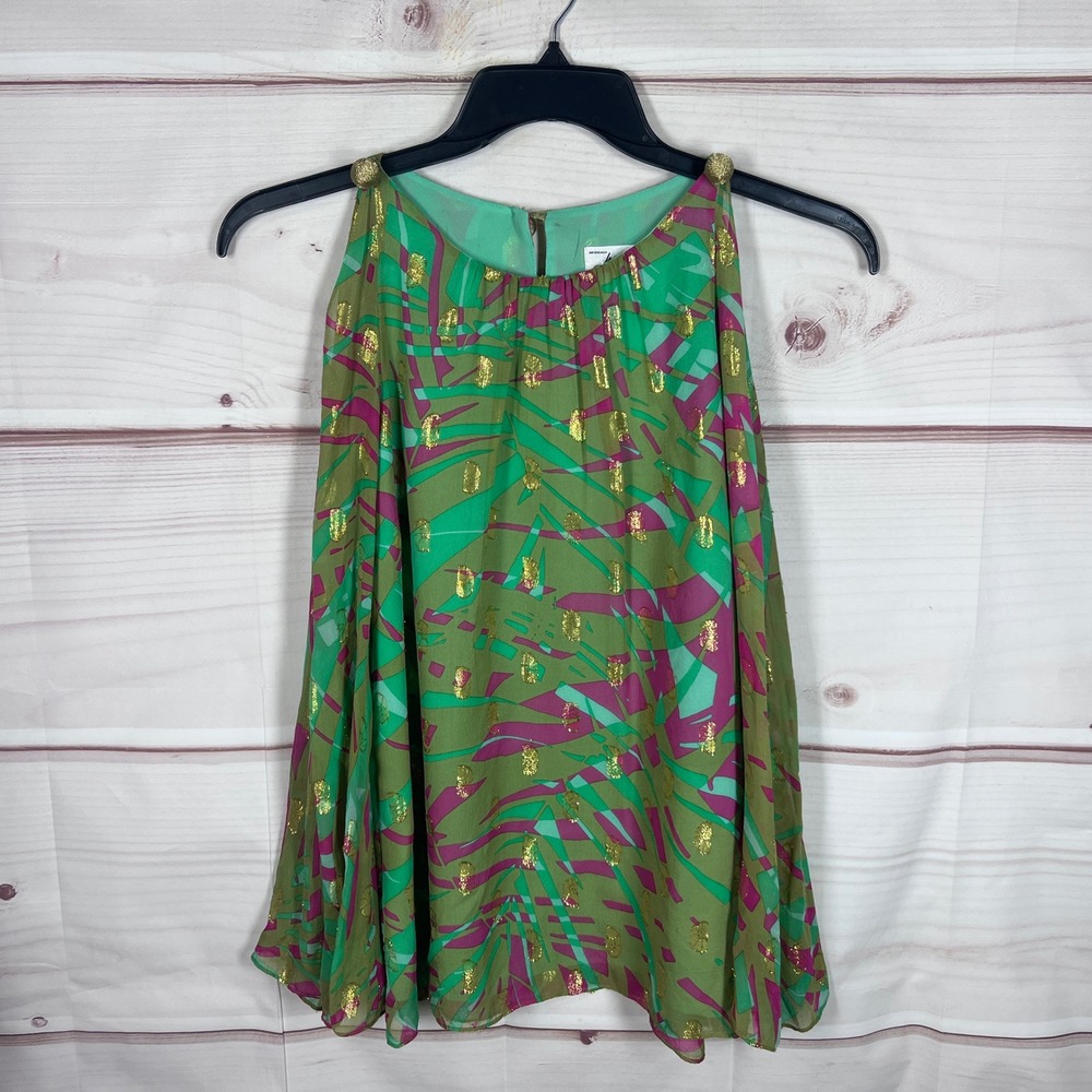 Milly Sleeveless Silk Top Women Size 2 Green Abstract Metallic Slit Sleeve Flowy